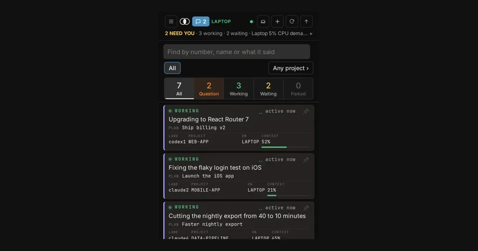 10u on a phone: sample Claude Code and Codex sessions, each marked by what it needs
